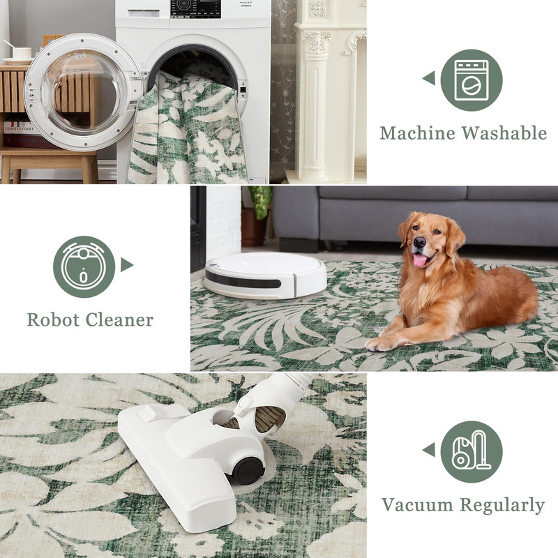 Washable 8x10 Area Rugs for Living Room Non-Slip Soft Modern Botanical Floral Rugs Accent Floor Carpet for Bedroom Dining Room Green