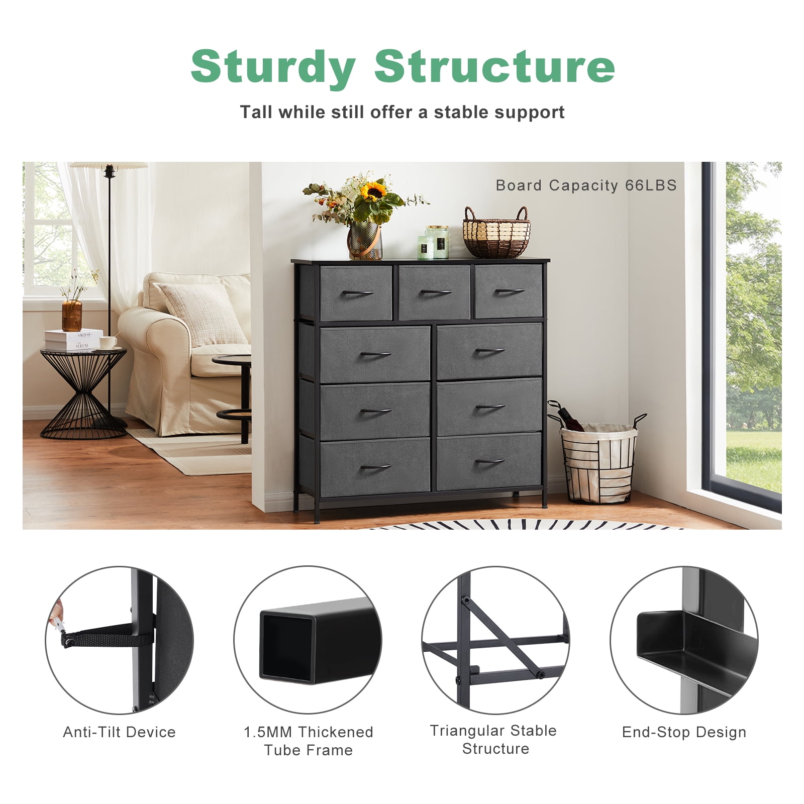 MAYEERTY Fabric Dresser with 9 Drawers for Storage and Organization, 39.4 Inch Tall Chest of Dresser, Gray