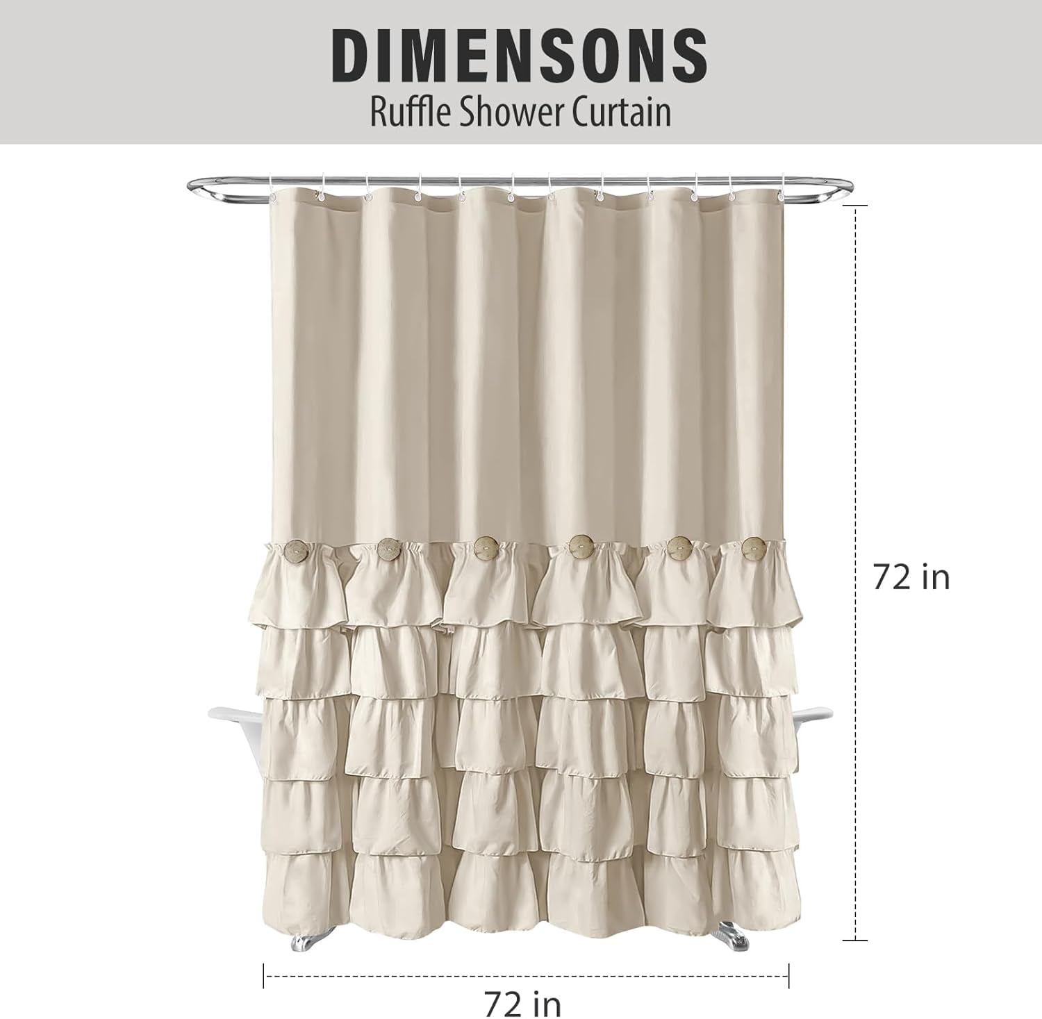 Seasonwood Farmhouse Shower Curtains Beige Ruffle Shower Curtain with Buttons & Ruffles for Bathroom,12pcs Hooks,72"x72"