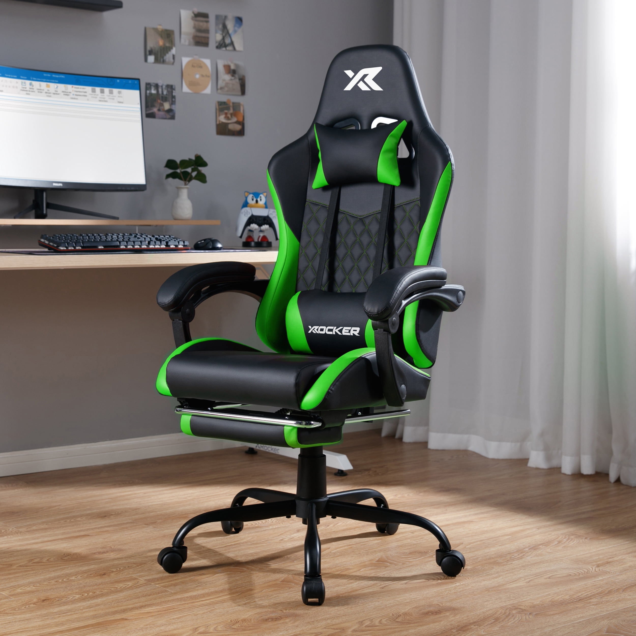 X Rocker Apex PC Gaming Chair with Massage Function and Footrest, Green