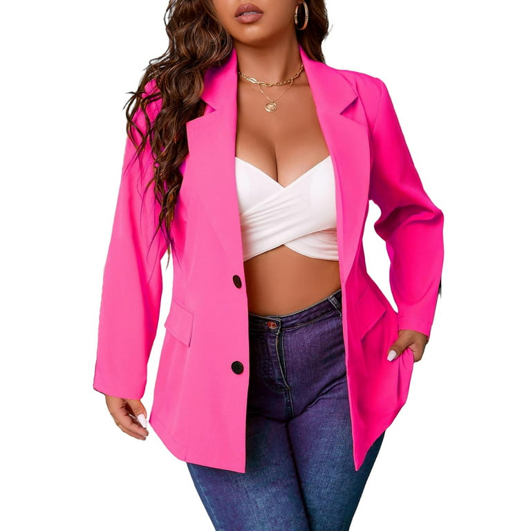 Casual Plain Lapel Neck Regular Long Sleeve Hot Pink Plus Size Blazers  (Women's Plus)