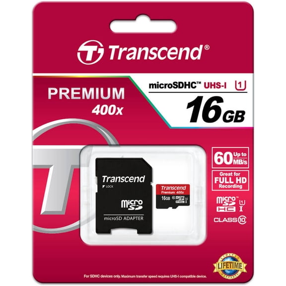 Transcend TS16GUSDU1P 16GB Premium 400x microSDHC UHS-I Memory Card with SD Adapter