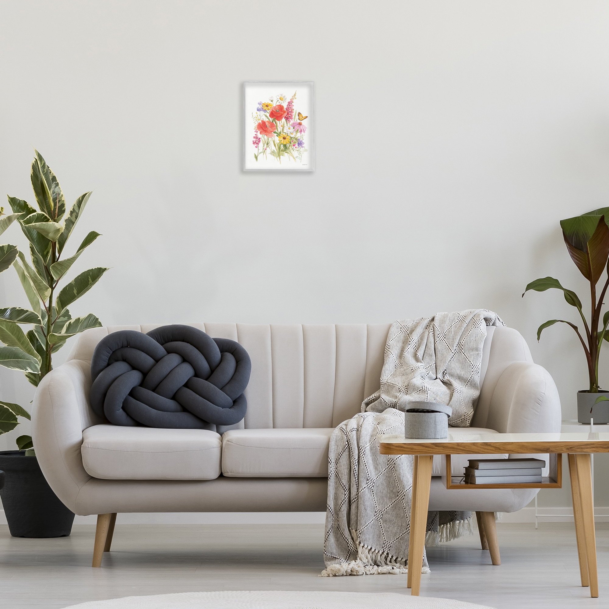Stupell Industries Bright Flowers & Butterfly Botanical & Floral Painting Gray Framed Art Print Wall Art, 11 x 14