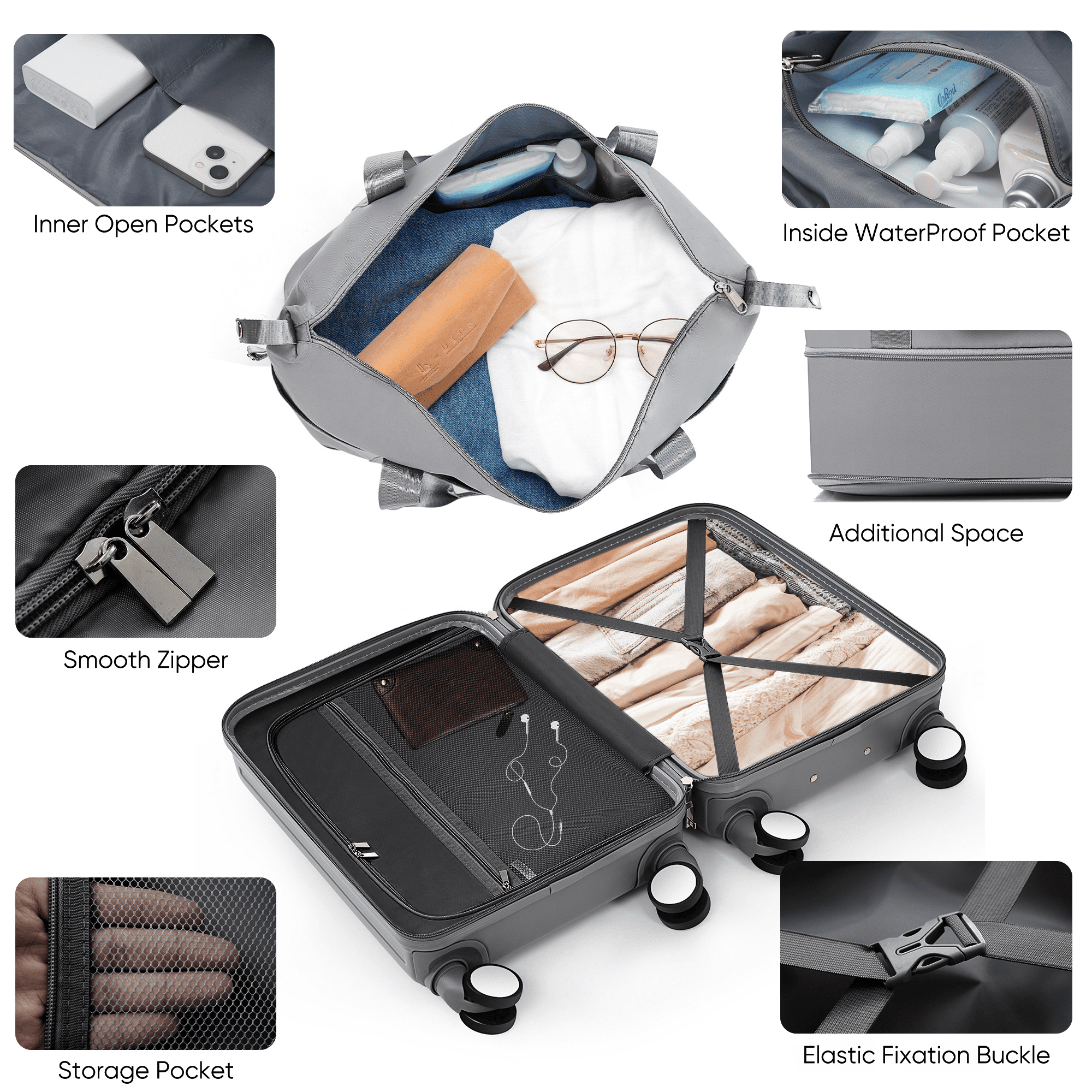 Euroco 4 Piece Luggage Sets,20" Carry-On Luggage with Front-Opening & Cup Holder,20/28inch Suitcase Set with USB Port,TSA Lock, Spinner Wheels,Travel Duffel Bag & Dry Toiletry Bag,Grey