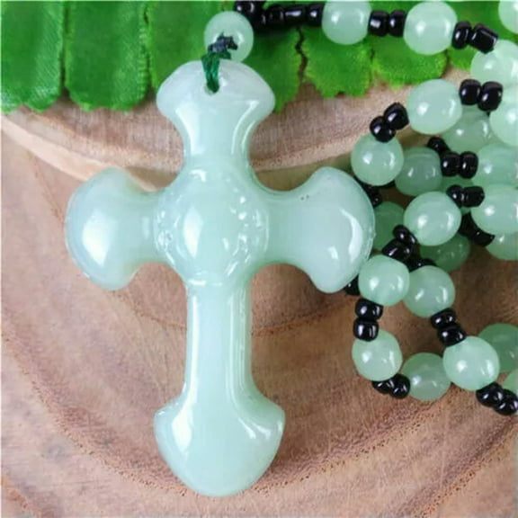 K-KED 1 Strand 52x37x11mm Green Jade Cross Lucky Blessing Pendant Necklace
