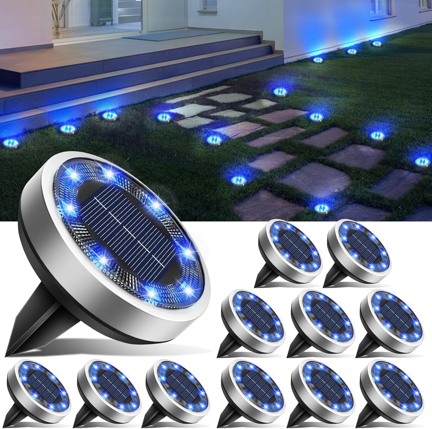 Solar Lights Outdoor Waterproof, 16 Pack Solar Lights Outdoor, 8 Led Solar Ground Lights Ip65 Waterproof Flat Solar Disc Light, Pathway Lights for Garden Lawn Patio Yard Path Landscape, Blue