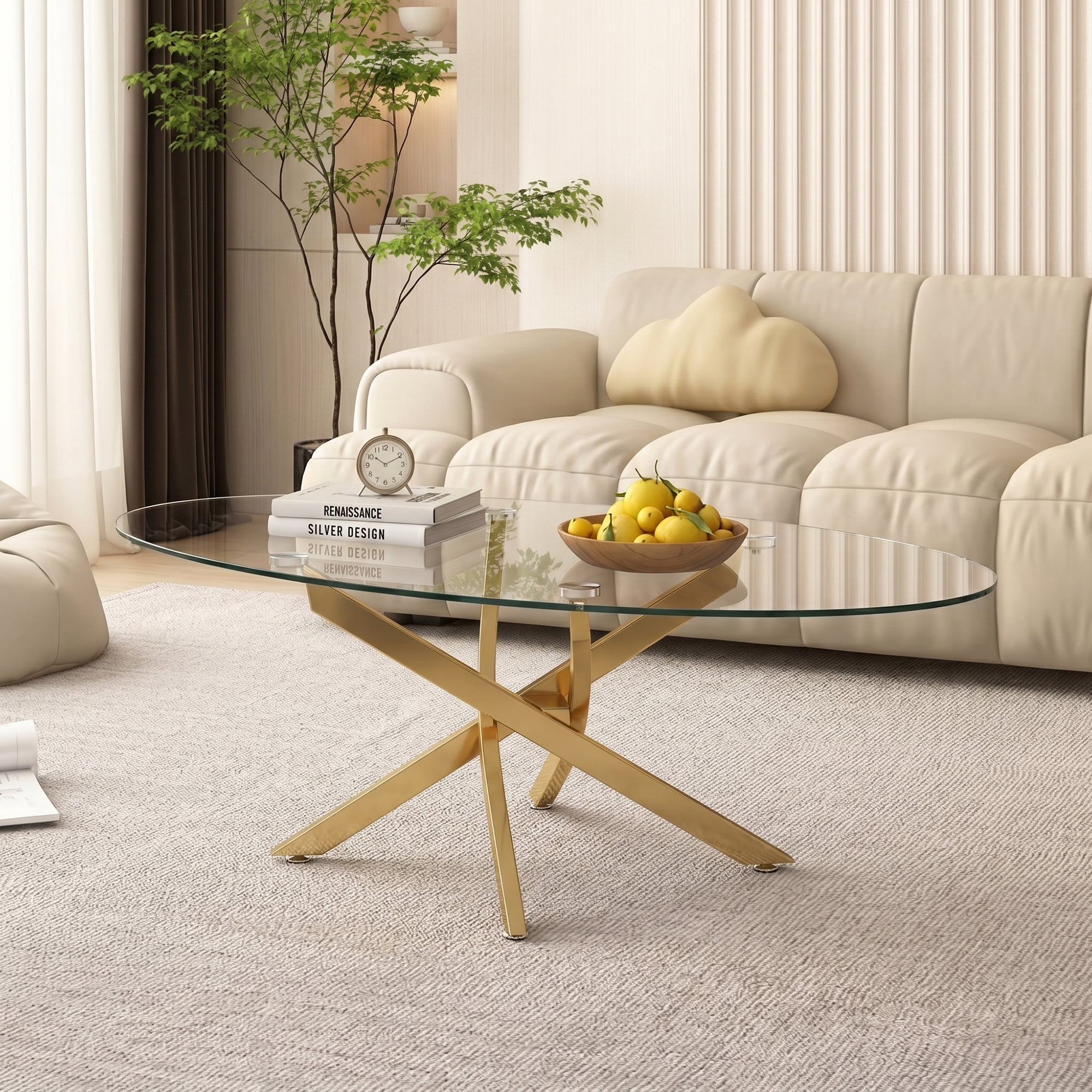 Oval Coffee Table with Tempered Glass Top and Gold Metal Legs, Modern Side Table and Tea Table for Living Room, 39.37 Inch, Gold