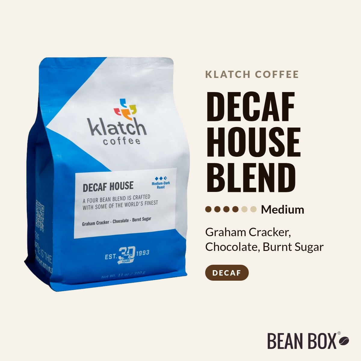 Decaf House Blend - Roasted by Klatch Coffee - Whole Bean Coffee - 310g Bag