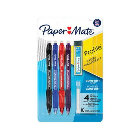 Paper Mate Profile Mech Mechanical Pencil Set, 0.7mm #2 Pencil Lead, Great for Home, School, Office Use, Includes Lead Refill and Eraser Refills, Assorted Barrel Colors (4 Count)