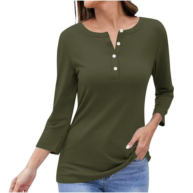Timegard Tops for Women Long Sleeve Notched V-Neck Button Shirts Solid Color Fall Casual Loose Comfy Tops