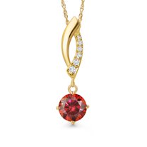 Gem Stone King 14K Yellow Gold Red Moissanite and Lab Grown Diamond Pendant Necklace for Women | 1.03 Cttw | Gemstone Birthstone | Round 6.5MM | With 18 inch Chain