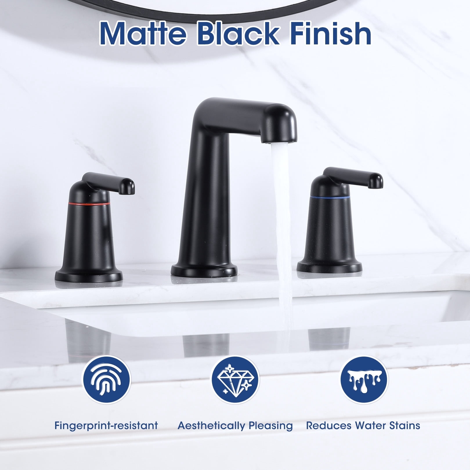Wowkk 3 Hole Bathroom Faucet 2 Handle Widespread Bathroom Sink Faucet with Pop up Drain and Supply Lines, Brass Vanity Faucet for Rv Farmhouse Lavatory Restroom Sink, Matte Black