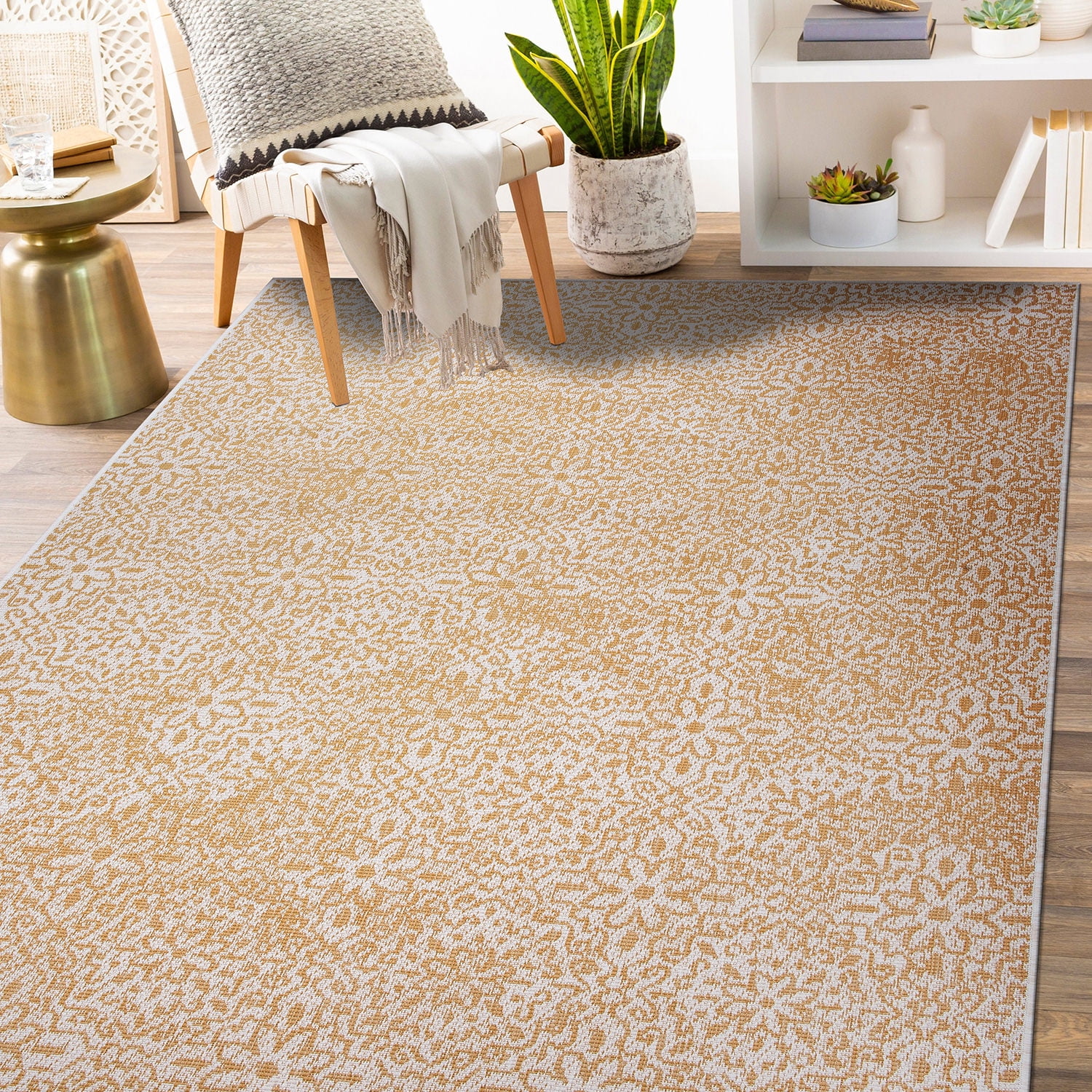 World Rug Gallery Contemporary Flowers Weather Resistant Reversible Indoor/Outdoor Area Rug - Yellow 5'x7'