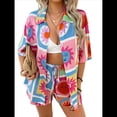 thumbnail image 1 of Conjunto de 2 Piezas para Mujer, con Estampado Floral Tropical Suave de Verano, Cuello en V, Corta, Botones y Pantalones Cortos. Flor A Cuadros M, 1 of 10