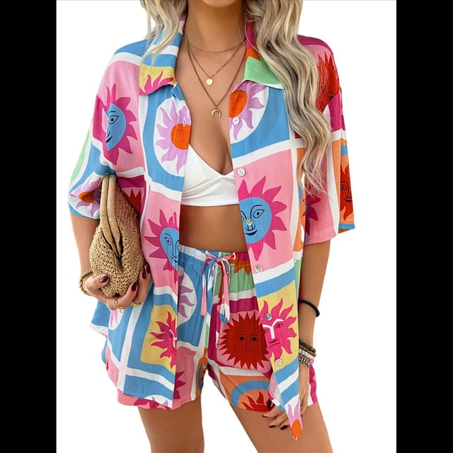 Conjunto de 2 Piezas para Mujer, con Estampado Floral Tropical Suave de Verano, Cuello en V, Corta, Botones y Pantalones Cortos. Flor A Cuadros M