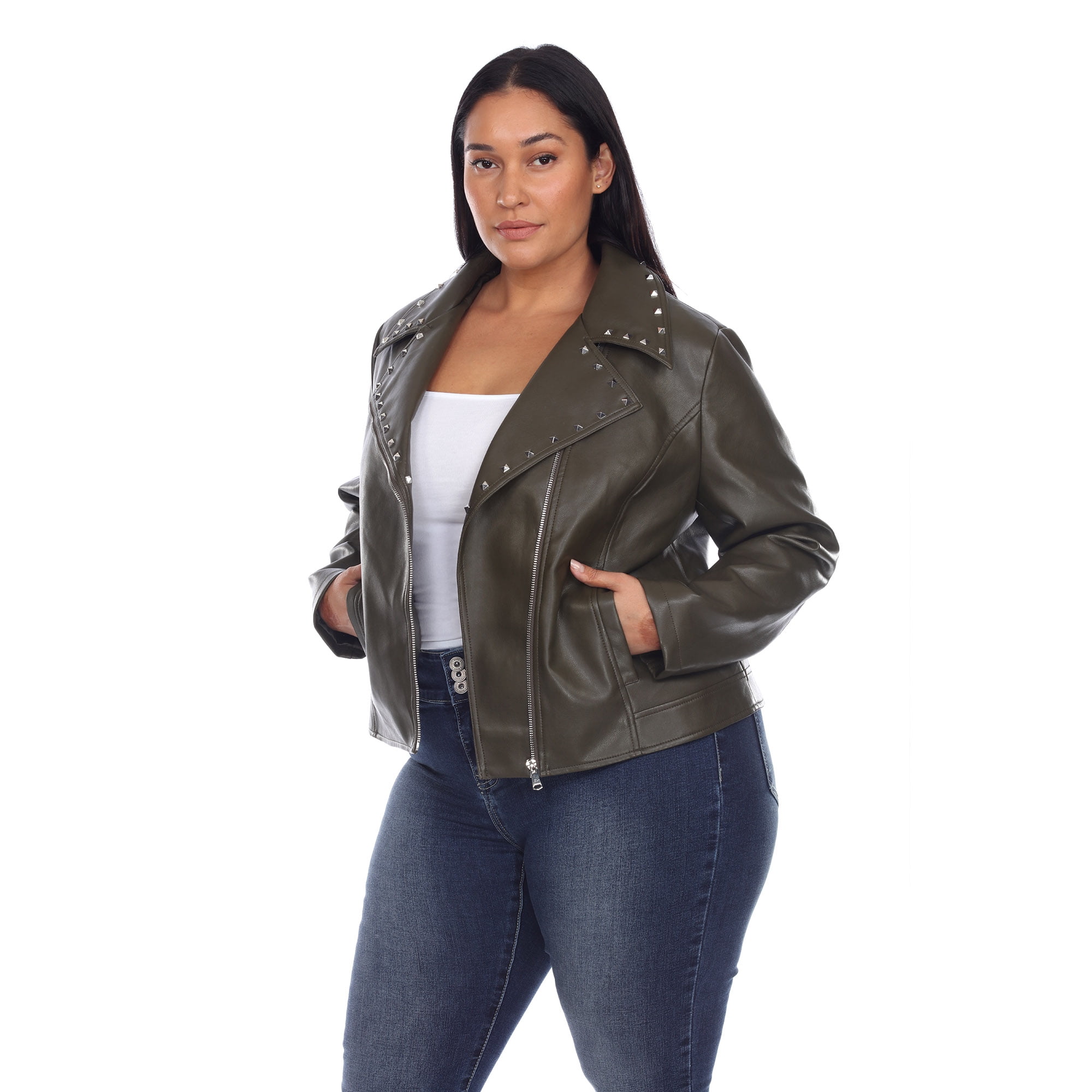 White Mark Women's Plus Size PU Faux Leather Studded Jacket
