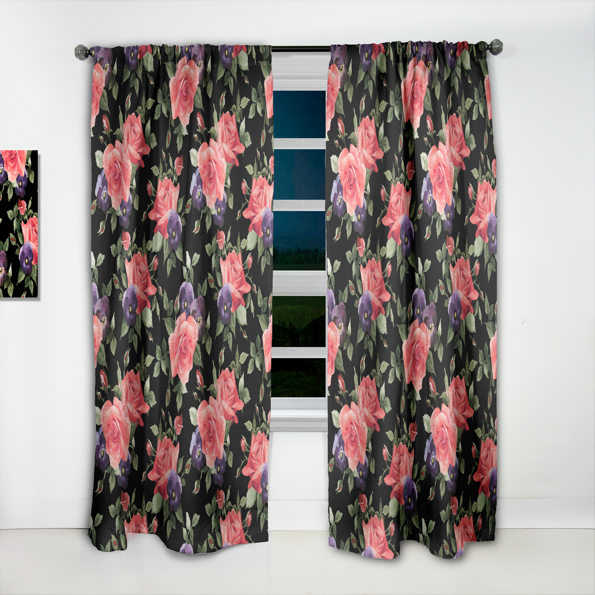 Designart 'Pansy Flowers Red Rose Patterns' Floral Curtain Panel