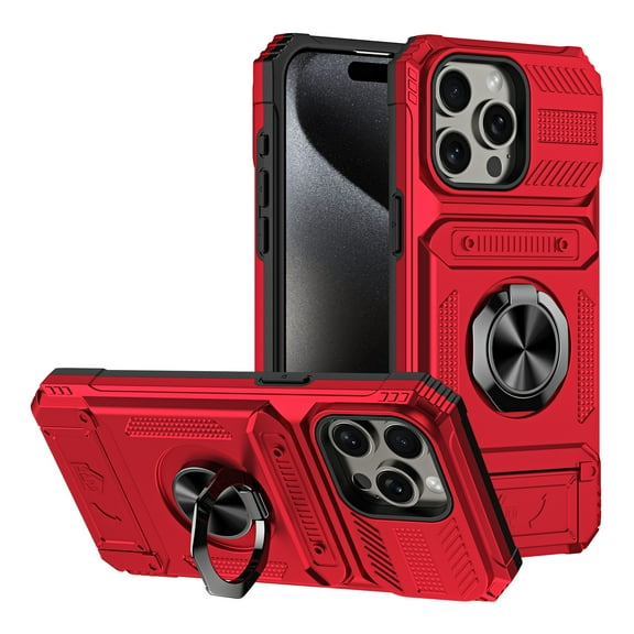 Designed for iPhone 14 Pro Max Card Holder Case with 360°Rotatable Ring Holder Kickstand,2-Layer Heavy Duty Shockproof Rugged Hybrid Hard PC Soft Rubber Case For iPhone 14 Pro Max, Red