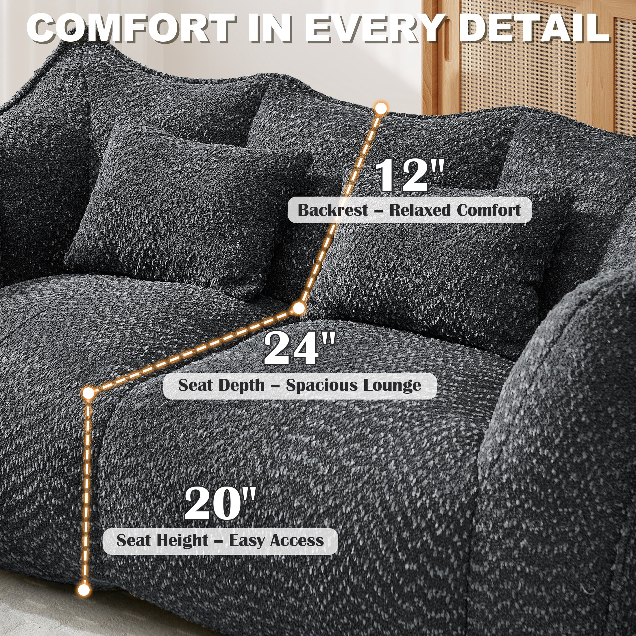 Aukfa Cloud Comfy Sofa, 24.4" Deep Seat Loveseat Couch for Living Room, No Assemble,Chenille,Black