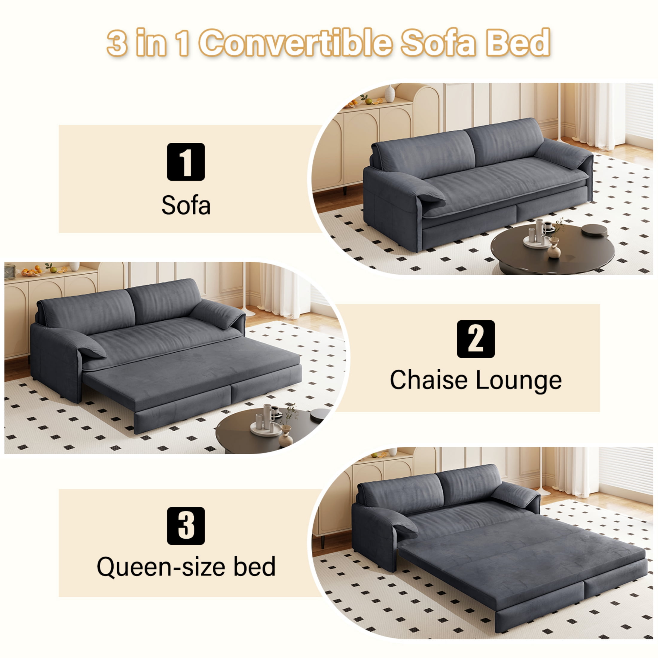 3-in-1 Queen Pull Out Sofa Bed, 66" Velvet Convertible Sleeper Couch with Deep Seat & Storage Pocket, Modern Folding Futon Sofa Bed, Dark Gray