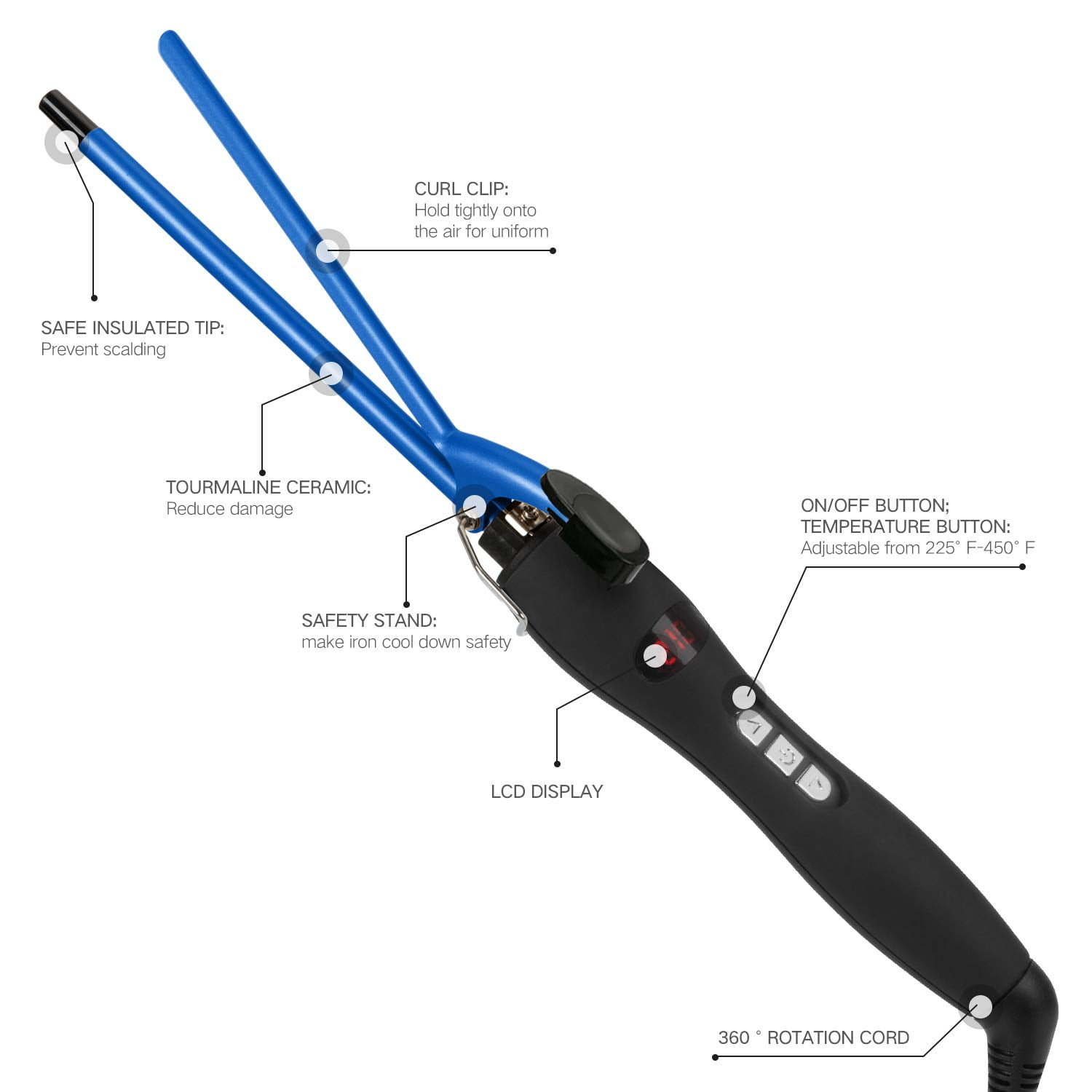 9mm Thin Curling Iron Ceramic, 3/8 inch Small Barrel Curling Wand for Long & Short Hair, LCD Display with 9 Heat Setting Include Glove(Blue)