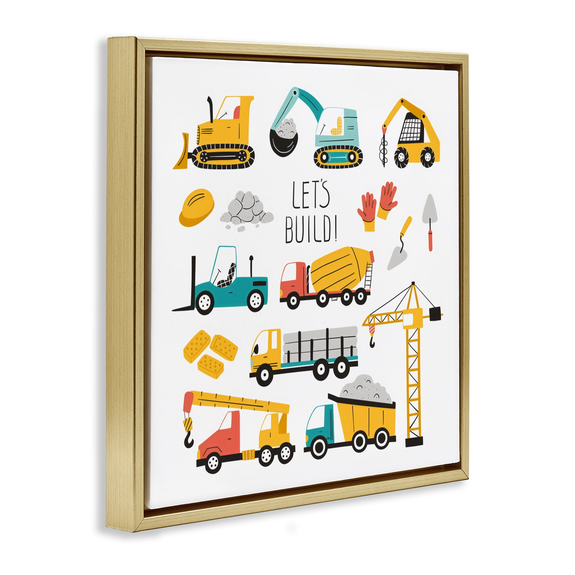 Stupell Industries Let's Build Various Construction Trucks Gold Framed Floater Canvas Wall Art, design by Creative Studio