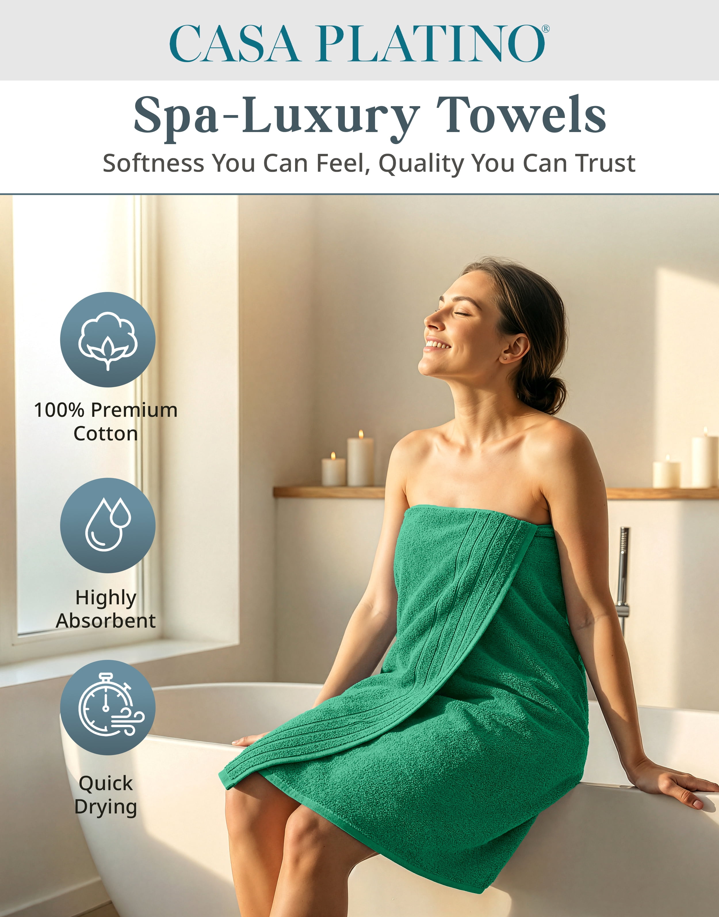 Casa Platino 8-Piece Bathroom Towels – Luxurious 100% Ring Spun Cotton, Includes 2 Bath, 2 Hand & 4 Washcloths, Quick-Dry, Lightweight, Everyday Essential – Emerald