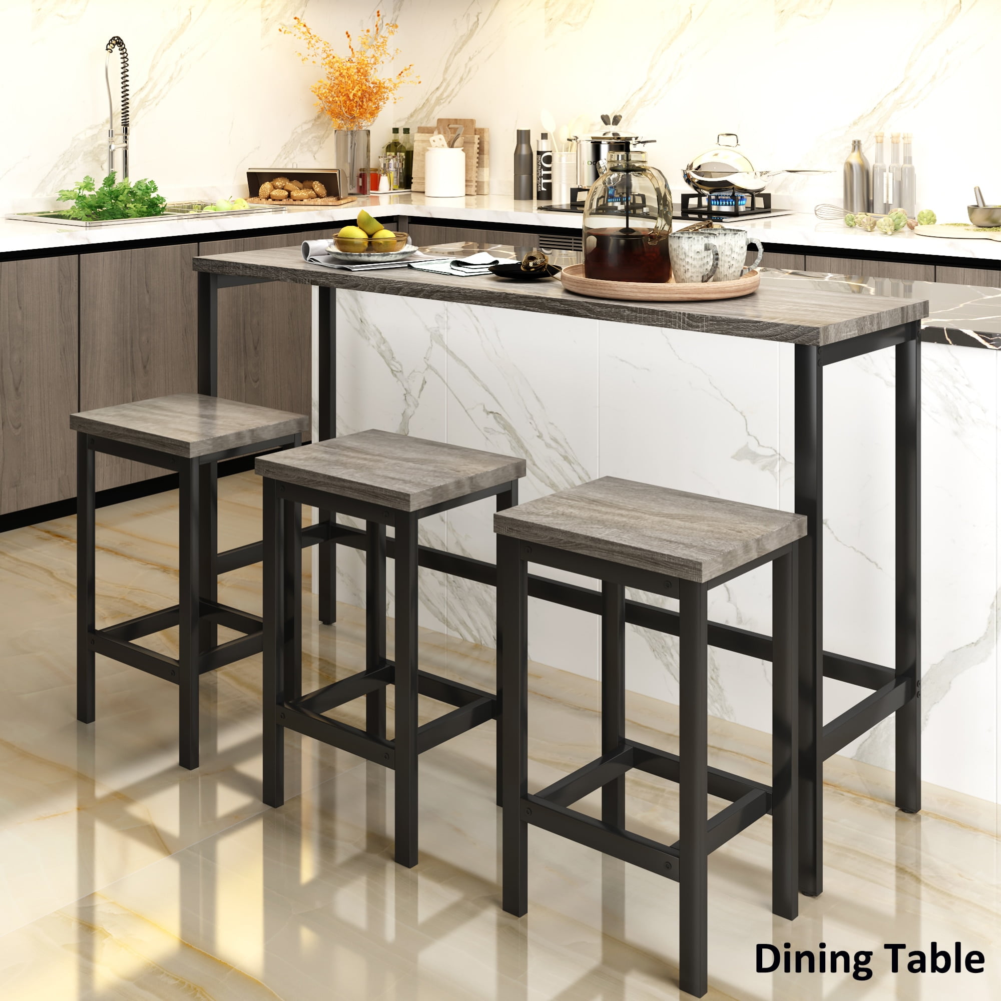 4-Piece Counter Height Extra Long Dining Table Set with 3 Stools and