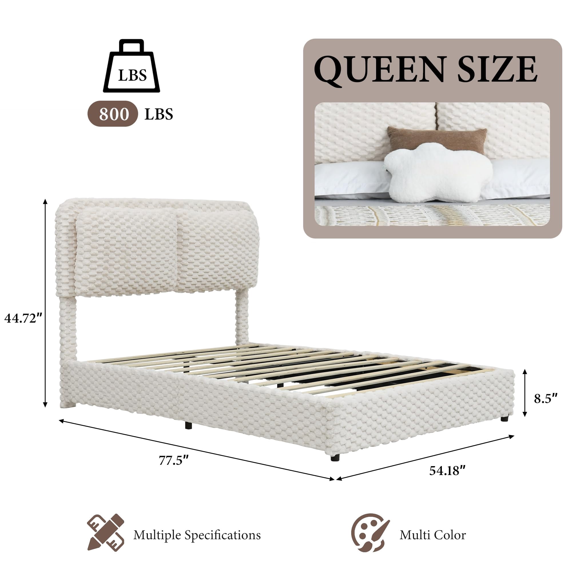 4 EVER WINNER Queen Bed Frame, Queen Size bed Frame with Headboard, Upholstered Bed Frame with Removable Pillows, Cream