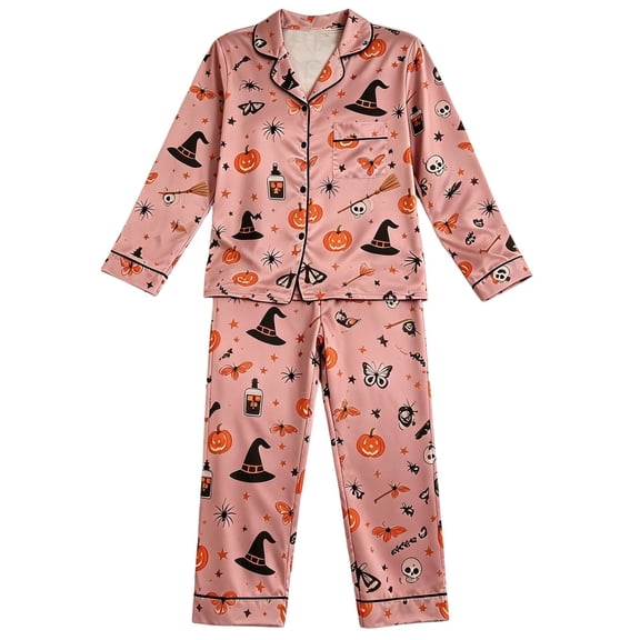 Yuncity Girls Pajamas Halloween Pumpkin Print Autumn Down Collar Long Sleeve Long Sleepwear Pjs Set Casual Lapel Home Sleepwear Size 5-6 Years Brick Red