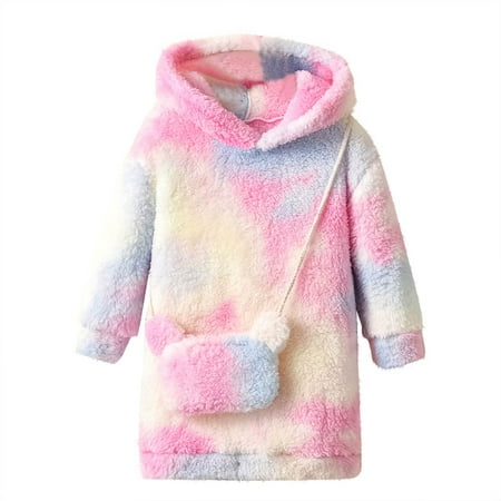 Kids Long Sleeve Dresses Fashionable Girl s Plush Hooded Gradient Long Sleeved Dress with Crossbody Bag Casual Set Kids Formal Dress Pink-A 3Y