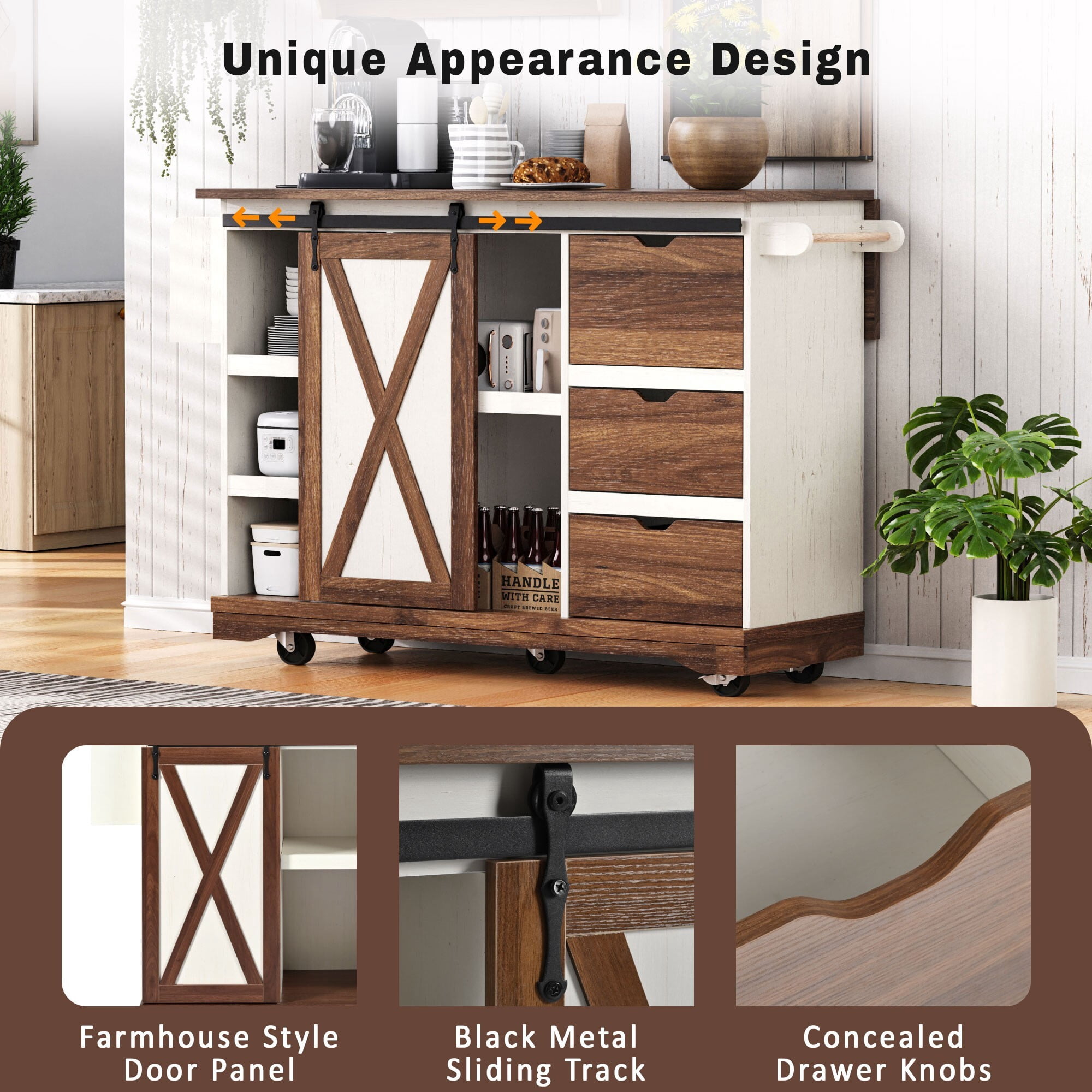 AENKYO 47.2'' Farmhouse Kitchen Island with Charging Station, Drop Leaf, Rolling Cart with Drawers, Rustic Brown and White