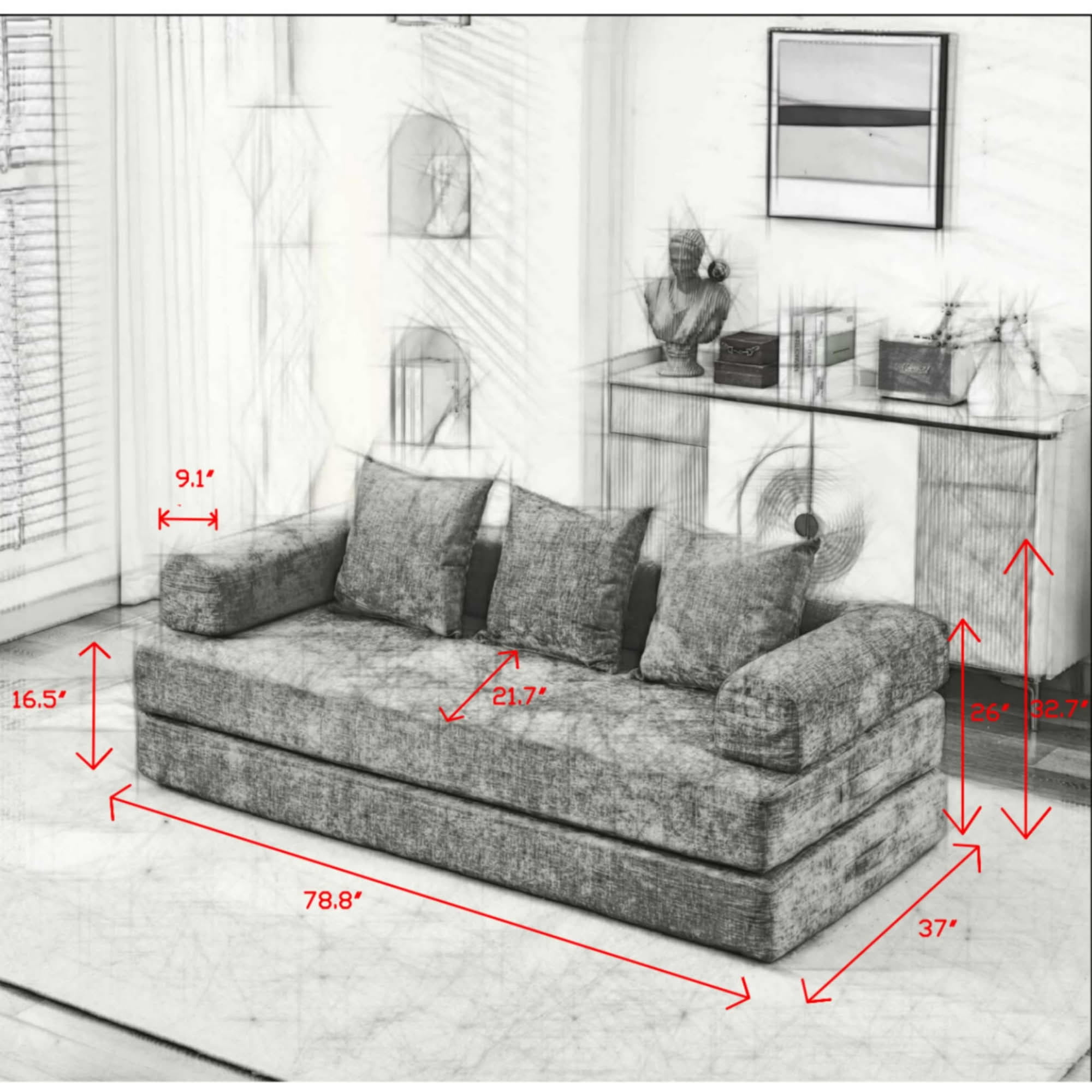 MAYEERTY 78.8" Black Chenille Convertible Floor Sofa Bed, No Assembly Modular Couch with Pillows for Living Room Studio