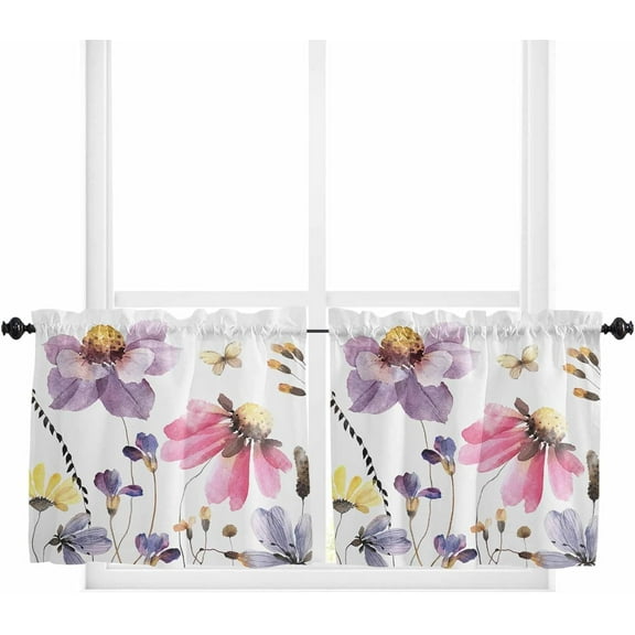 Spring Kitchen Curtains,Floral Watercolor Vintage Flower Country Farmhouse Kitchen Valances Short Cafe Tier Curtains for Living Dining Room Decor Rod Pocket Window Drapes 24 Inch Length 2 Panels Set