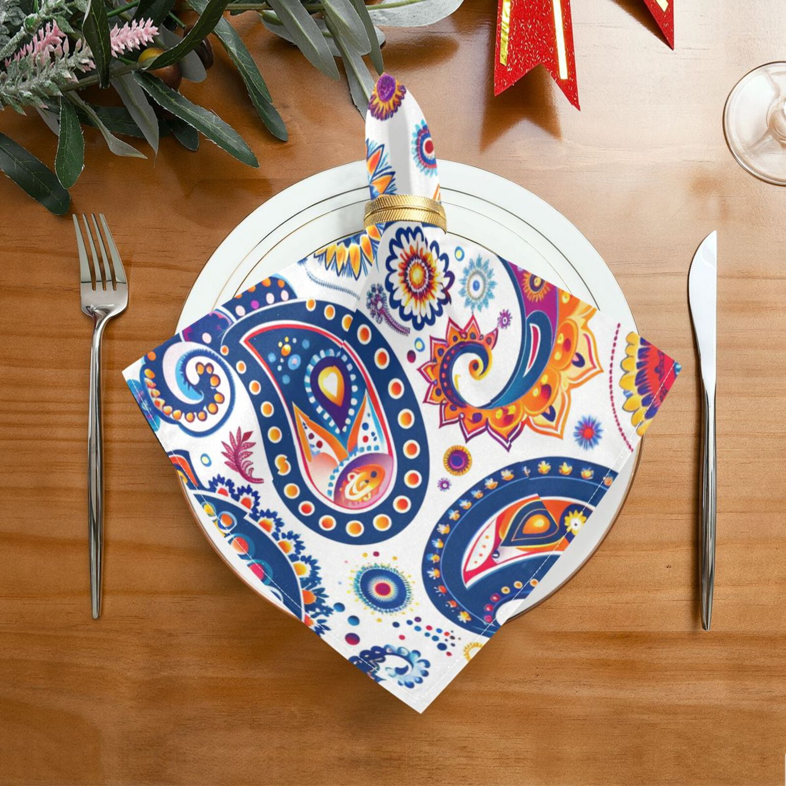 JSTEL Colorful Paisley Flower Cloth Napkins Set of 6, 20x20 Inch Washable and Reusable Napkin for Decoupage Dinner Party Everyday Use
