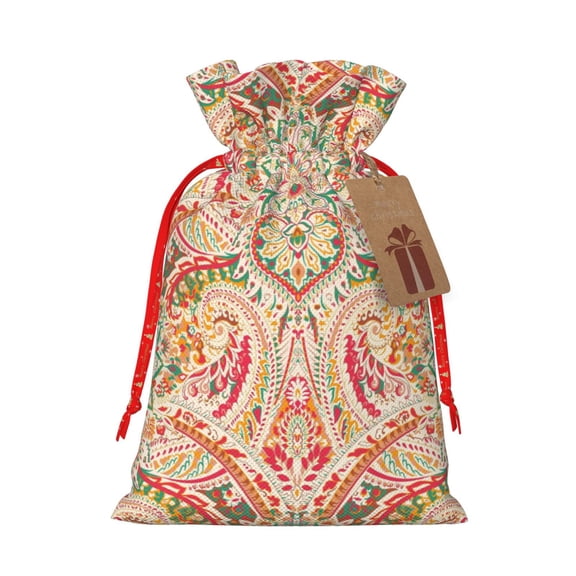 Naloa Indian Paisley 1 Drawstring Christmas Bags, 3D Xmas Gift Bags, Christmas Wrapping Bags, Xmas Goodie Bags, Treat Pouch Bags, Party Favor Bags-Small