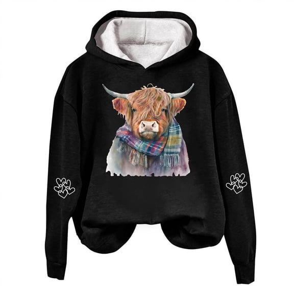 Women's Hoodies Long Sleeve Highland Cattle Print Hooded Sweatshirt Fall Fashion Casual Pullover Tops 2025 Winter Clothes
