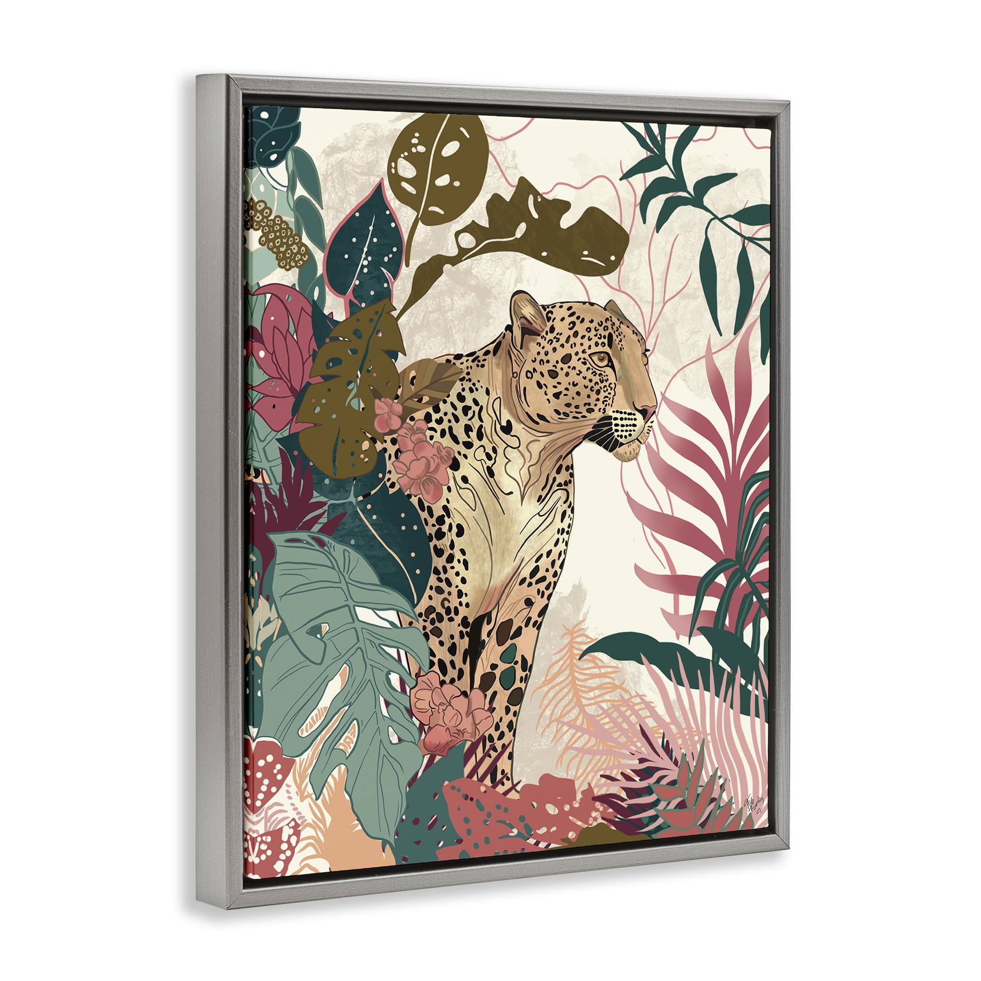 Stupell Industries Cheetah Tropical Leaf Pattern Animals & Insects Painting Gray Floater Framed Canvas Art Print Wall Art, 17 x 21