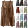 thumbnail image 2 of Chaleco sin mangas con flecos y borlas para mujer, chaleco retro de los años 70, estilo hippie de ante sintético, chaleco corto, chaqueta, prendas de vestir, Tops, 2 of 5