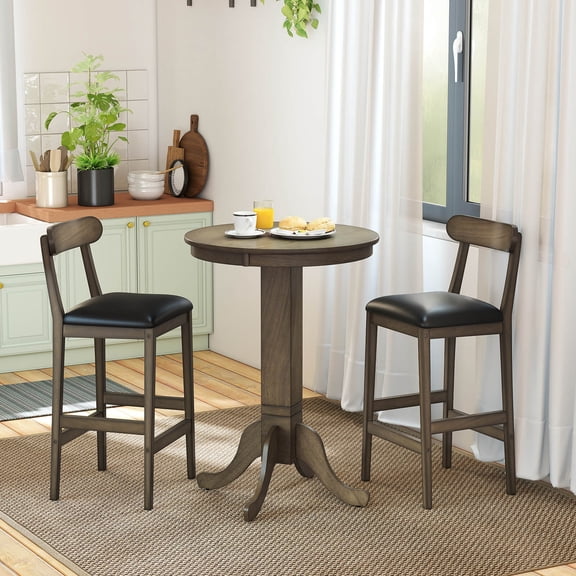 Costway 3 PCS Wood Bar Table Set with Pedestal Base, 2 Armless Stools, Padded Seat, Backrest