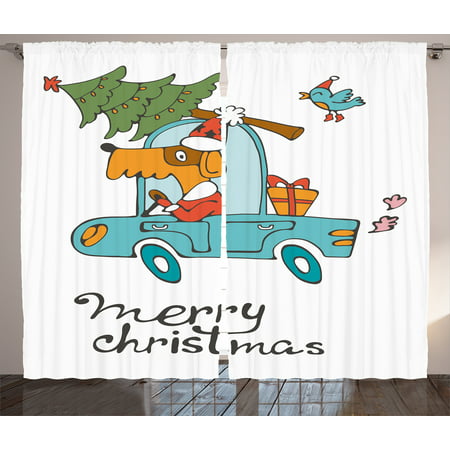 Christmas Curtains 2 Panels Set, Blue Vintage Car Dog Driving with Santa Costume Cute Xmas Bird Tree and Gift Present, Living Room Bedroom Decor, White Multi, by Ambesonne