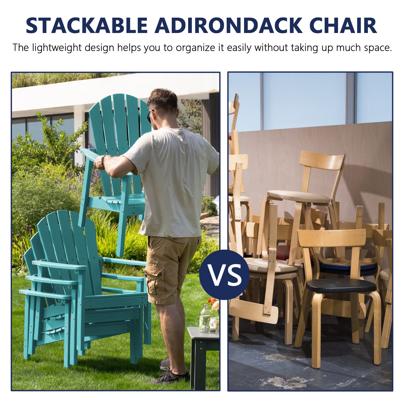 Cobiod Stackable Adirondack Chair Set of 4, HDPE All-Weather Patio Chair, Wood Grain Ergonomic Dining Chair for Fire Pit & Backyard, Aruba
