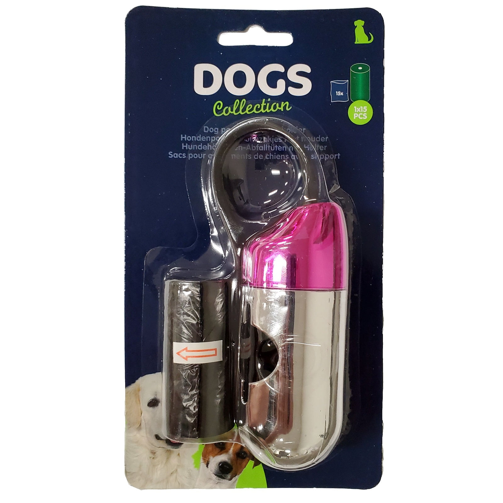 Pink and Silver Dog Poop Waste Bag Holder Dispenser with Leash Clip and
