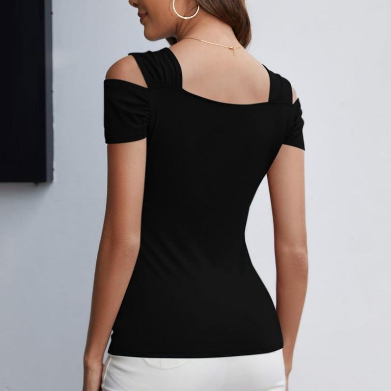 MIUOWANP Women's T-Shirts Casual Solid Color Off Shoulder