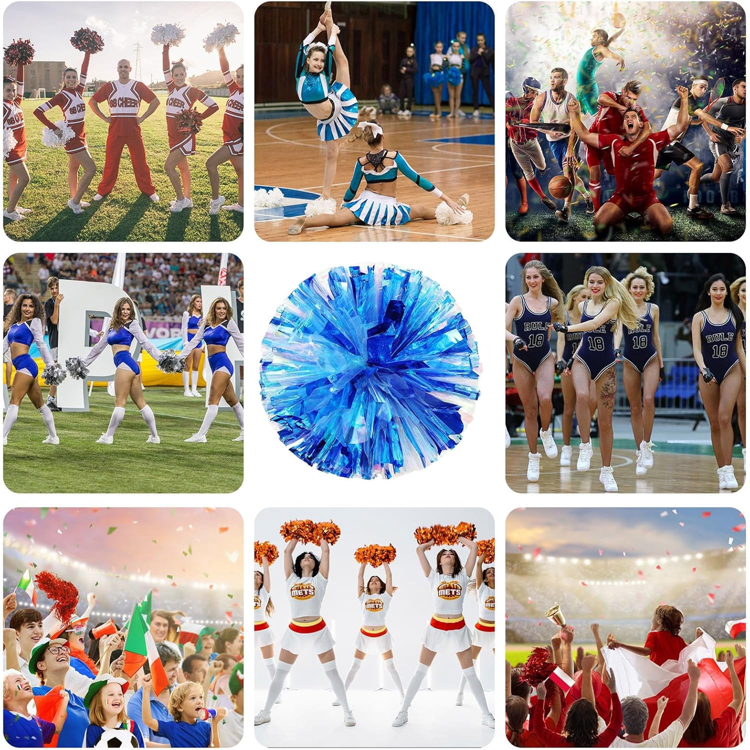 12 Pack Cheerleading pom poms,Cheer pom poms Sports Dance Cheer Plastic Pom Poms Cheerleading for Sports Team Spirit Cheering (Colorful+Blue)
