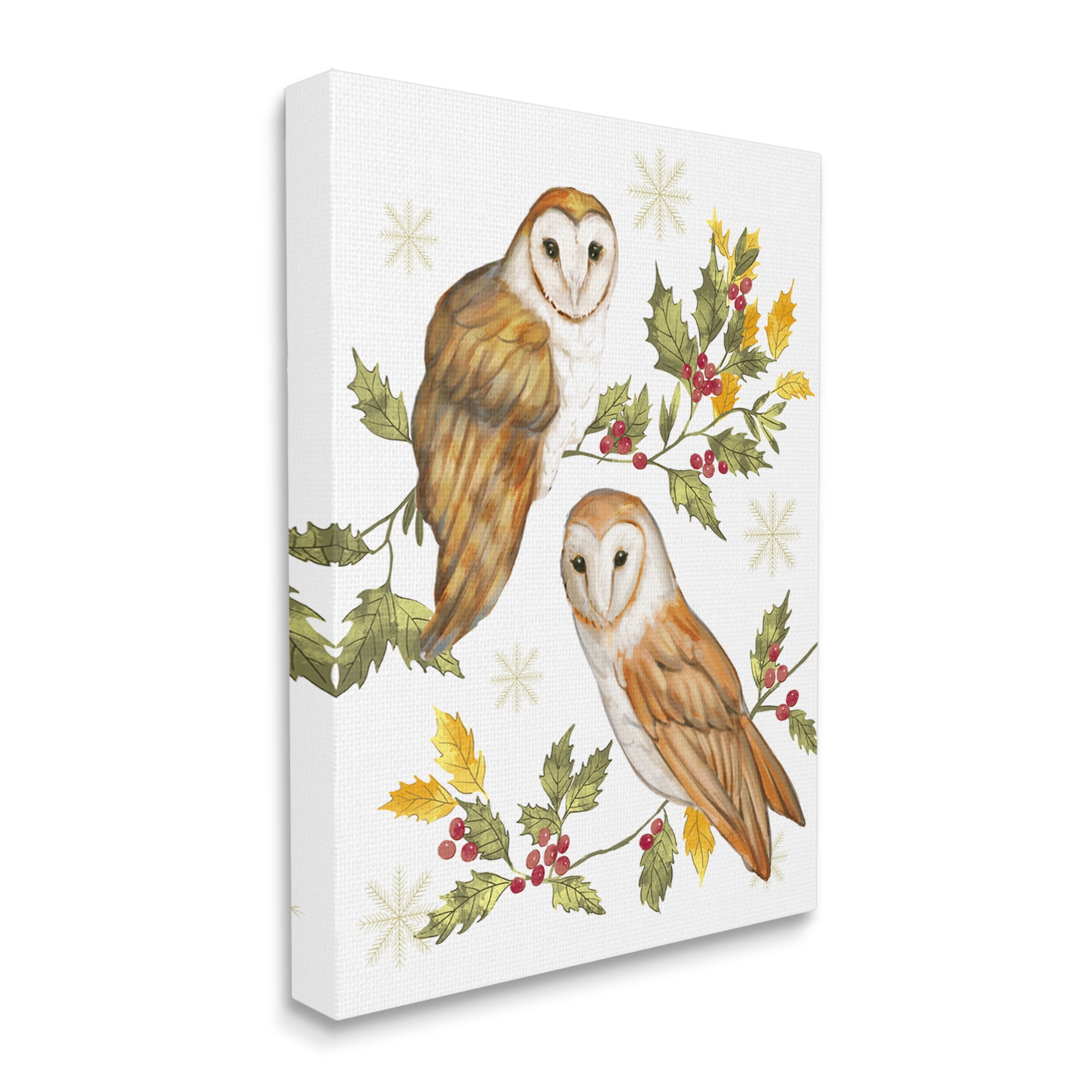 Peaceful Barn Owl Perched Holly Berry Sprigs Animals & Insects Painting Gallery-Wrapped Canvas Print Wall Art