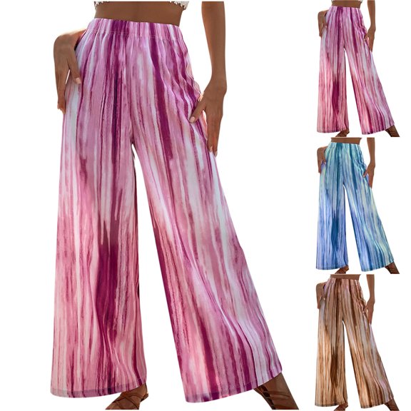 safuny Women's Wide Leg Loose Pants Holiday High Waist Girls Trendy Trousers Casual Comfy Daily Dipdye Floral Teen Blue S