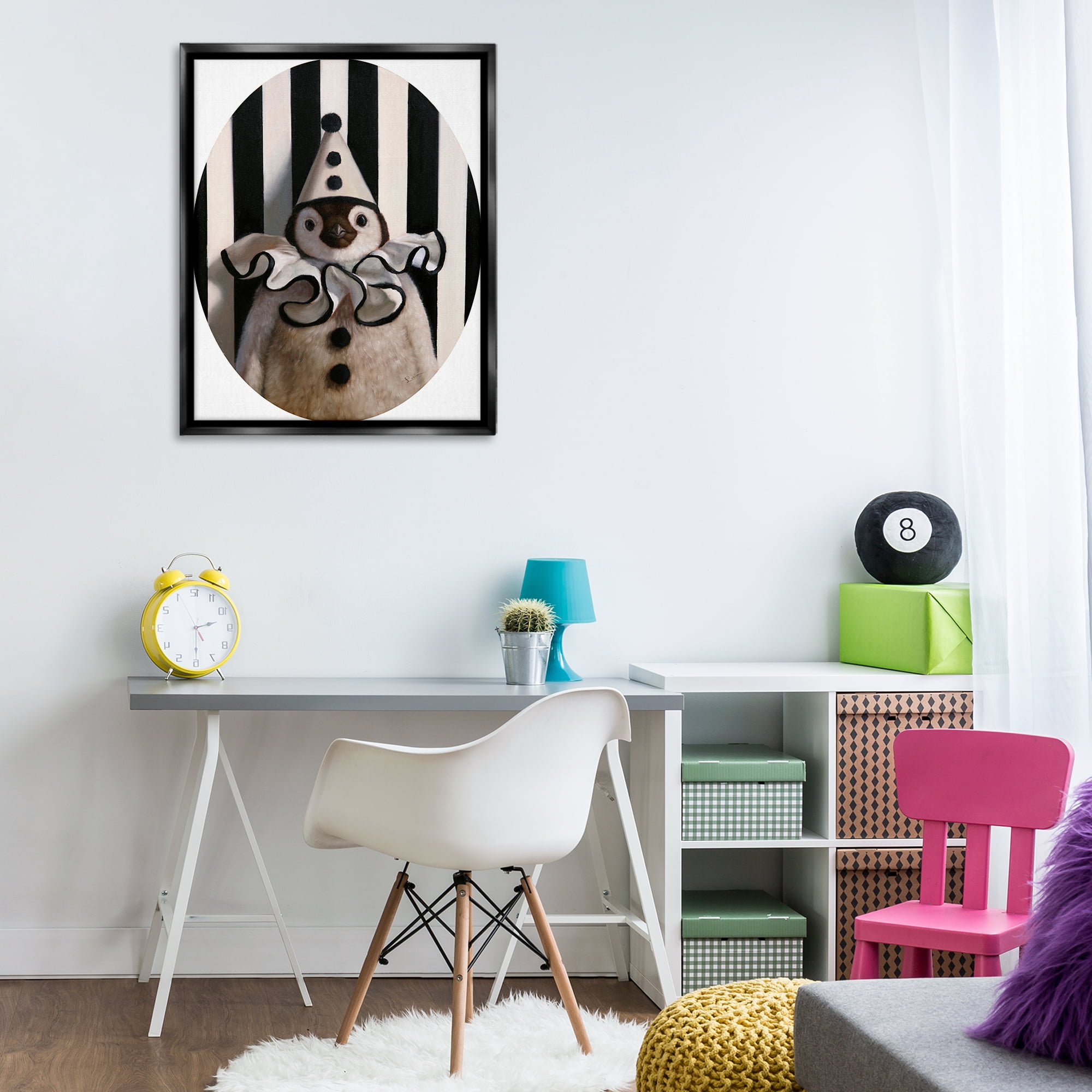 Stupell Industries Clown Themed Penguin Animals Painting Black Floater Framed Canvas Art Print Wall Art, 25 x 31