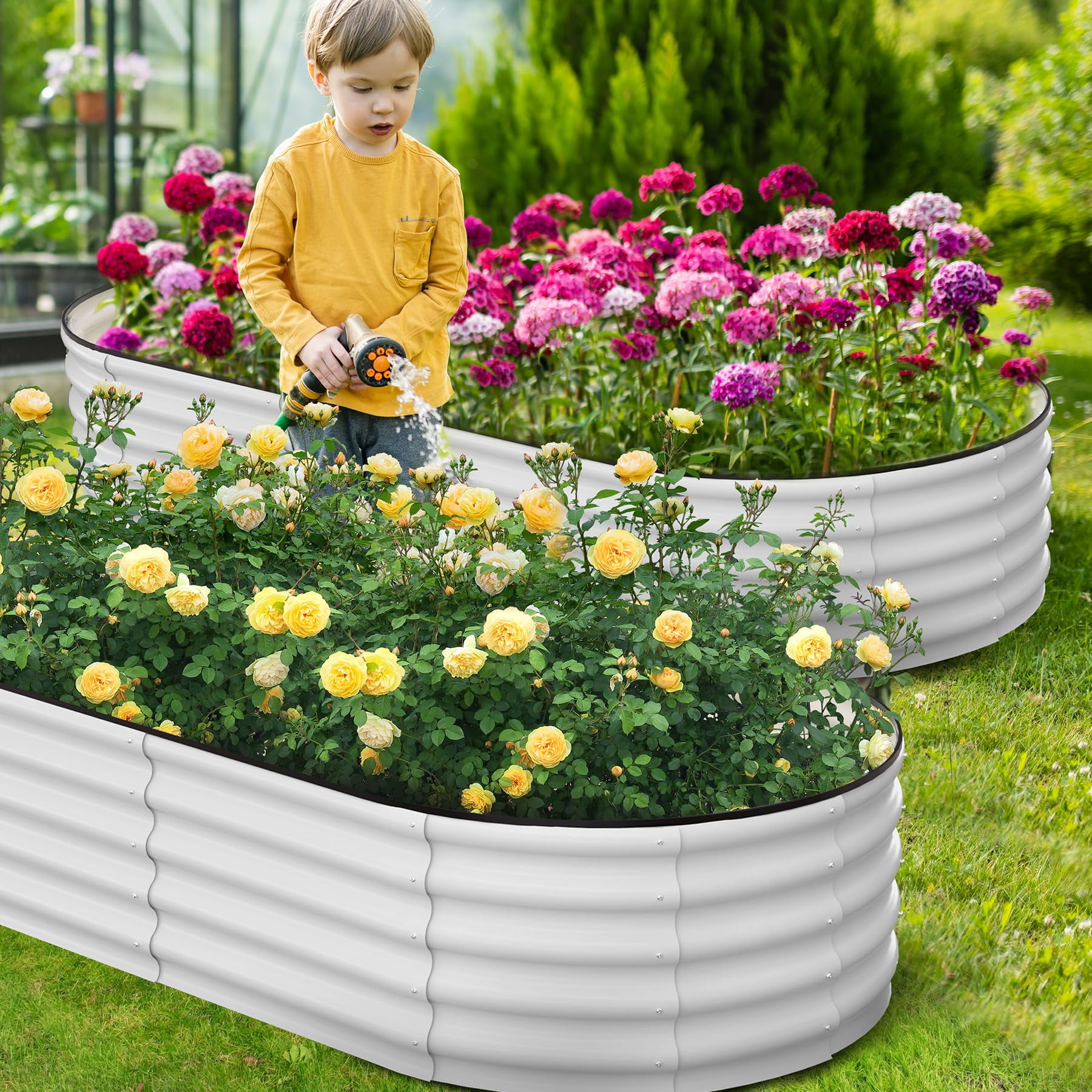 Heavy Duty Metal Raised Garden Bed – 8x2x1FT Oval Planter Box for Outdoor Vegetable, Flower, Herb Gardening, for Garden & Backyard & Patio, White