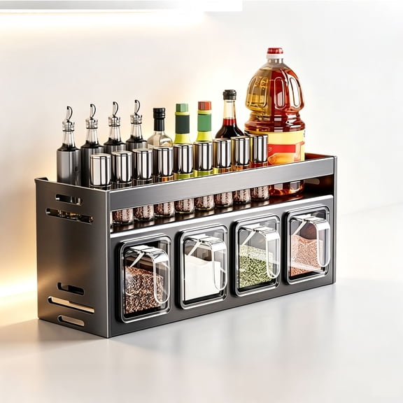 Double Layer Spice Rack Wall Mount, No Drill Kitchen Seasoning Organizer Shelf, Space Aluminum Countertop Storage Rack with 4 Clear Jars & Spoons